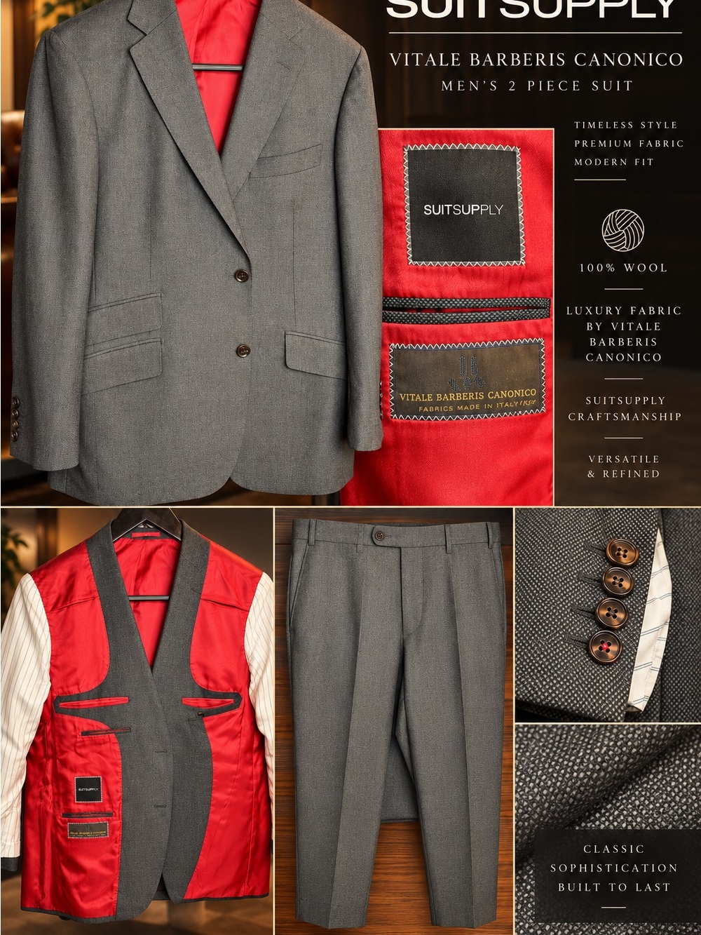 SUITSUPPLY 46S Dark Charcoal 2-Piece Suit Vitale Barberis Canonico 100% Wool